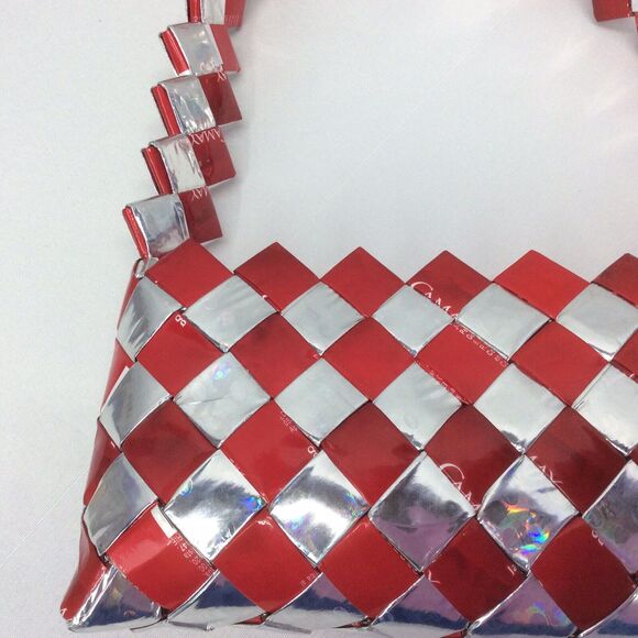 Woven Recycled Soap Wrapper Purse Boho Retro Hand Bag Wearable Art Zip Closure - Picture 4 of 7